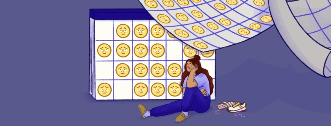 Woman sitting on the ground with a tired face with a calendar in the background filled with fatigued faces