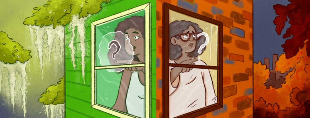 A young woman on the left looking out of a window and drawing a question mark and the woman older on the right drawing a question mark on the window