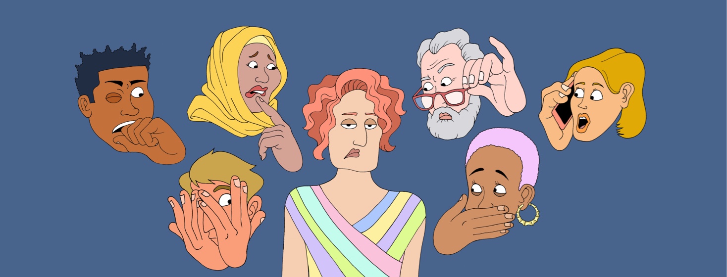 A group of different people gawking, hiding, gasping at a woman with an annoyed facial expression showing depression stigma.