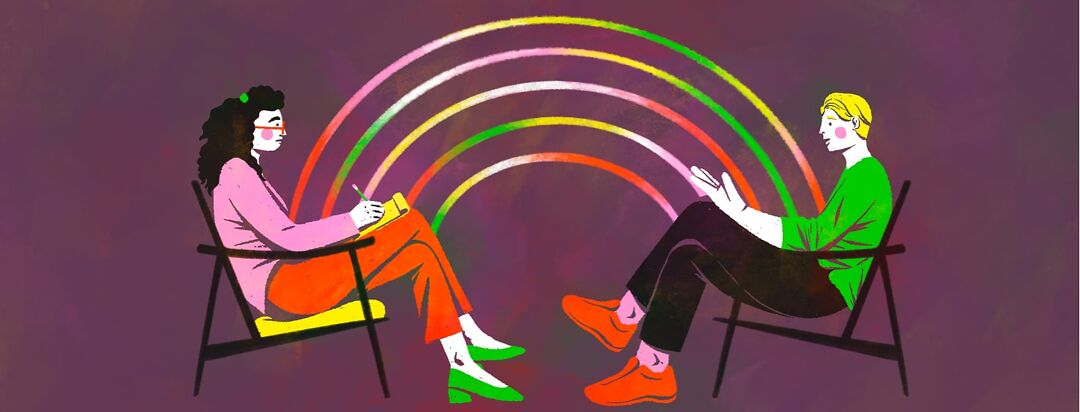 A man and a therapist sitting in chairs; the man is talking and the therapist is taking notes; a rainbow flowing between them