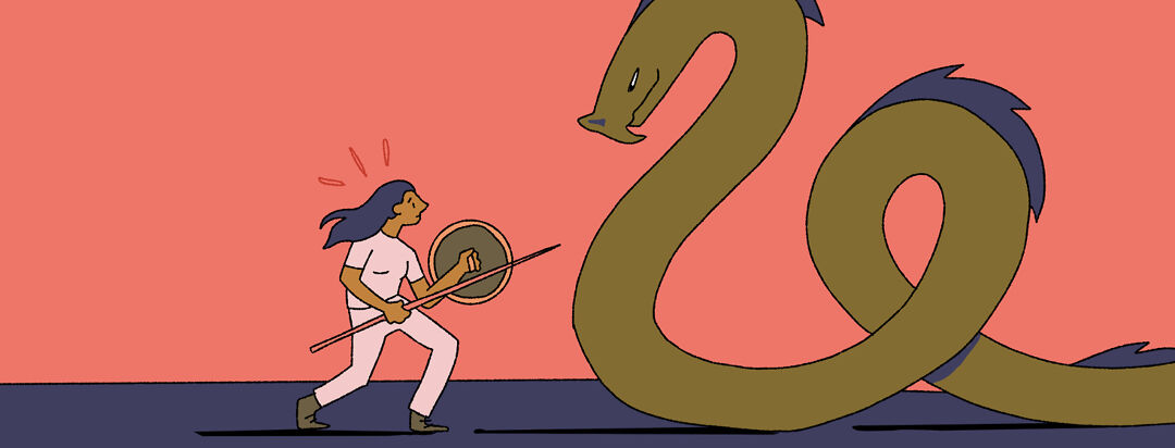 A woman holding a spear and shield fighting a giant serpent,