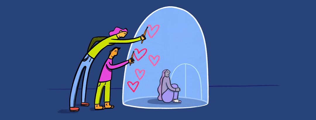 A woman isolated from friends in a glass dome with a door. Friends draw hearts on the outside of the dome.