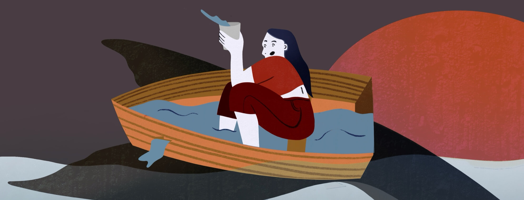 A woman scoops water out of a sinking ship as she is lifted up by a whale tail